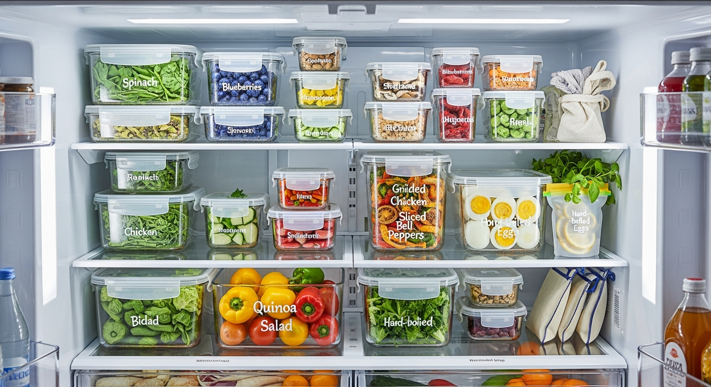 Organized refrigerator with fresh food in containers