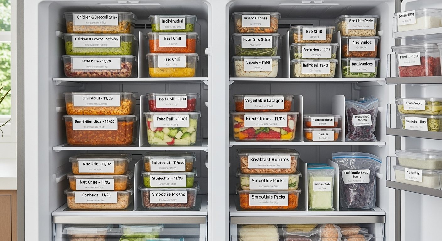 Organized freezer with labeled meal containers