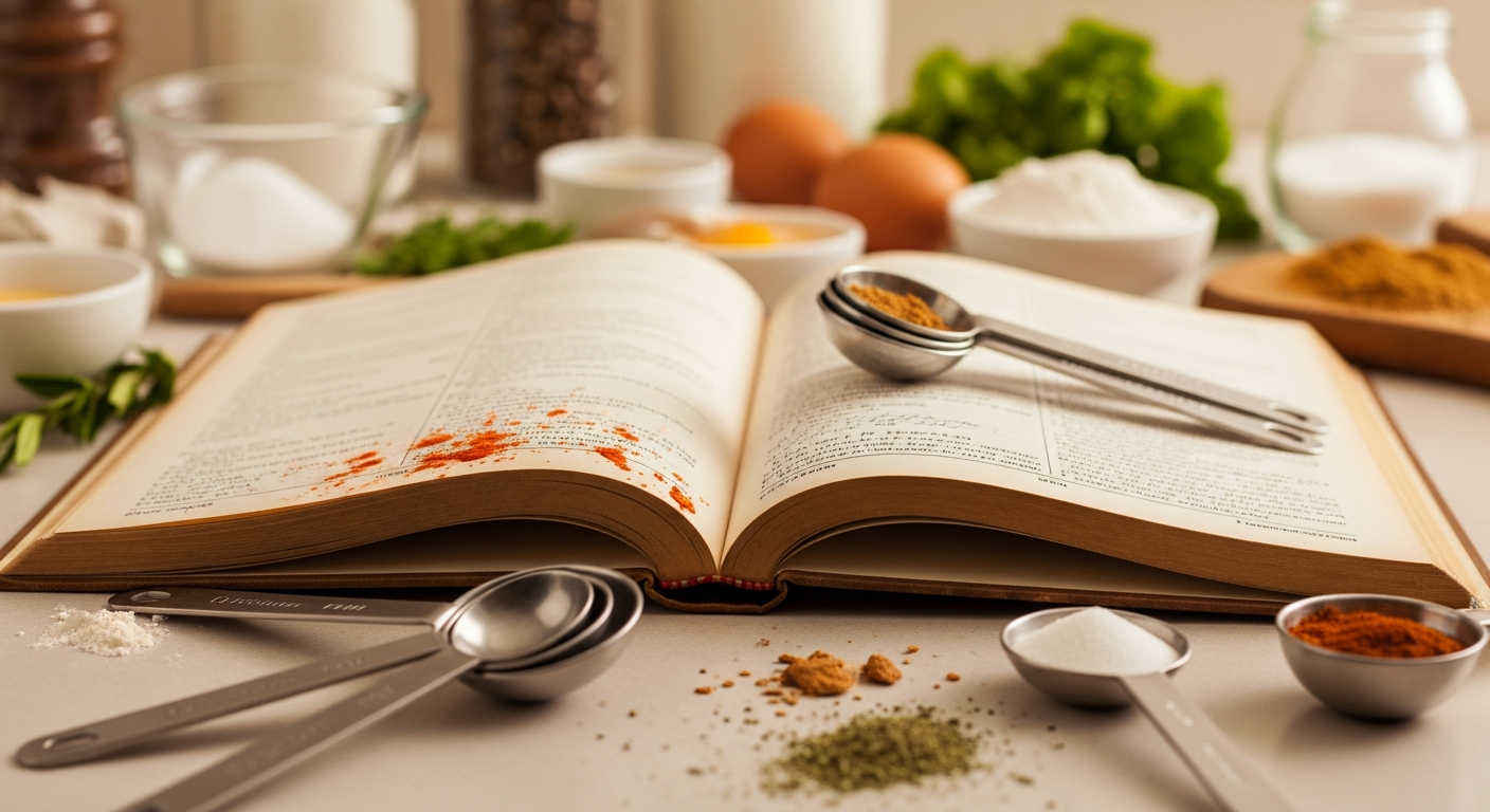 Cookbook with notes and ingredients on counter