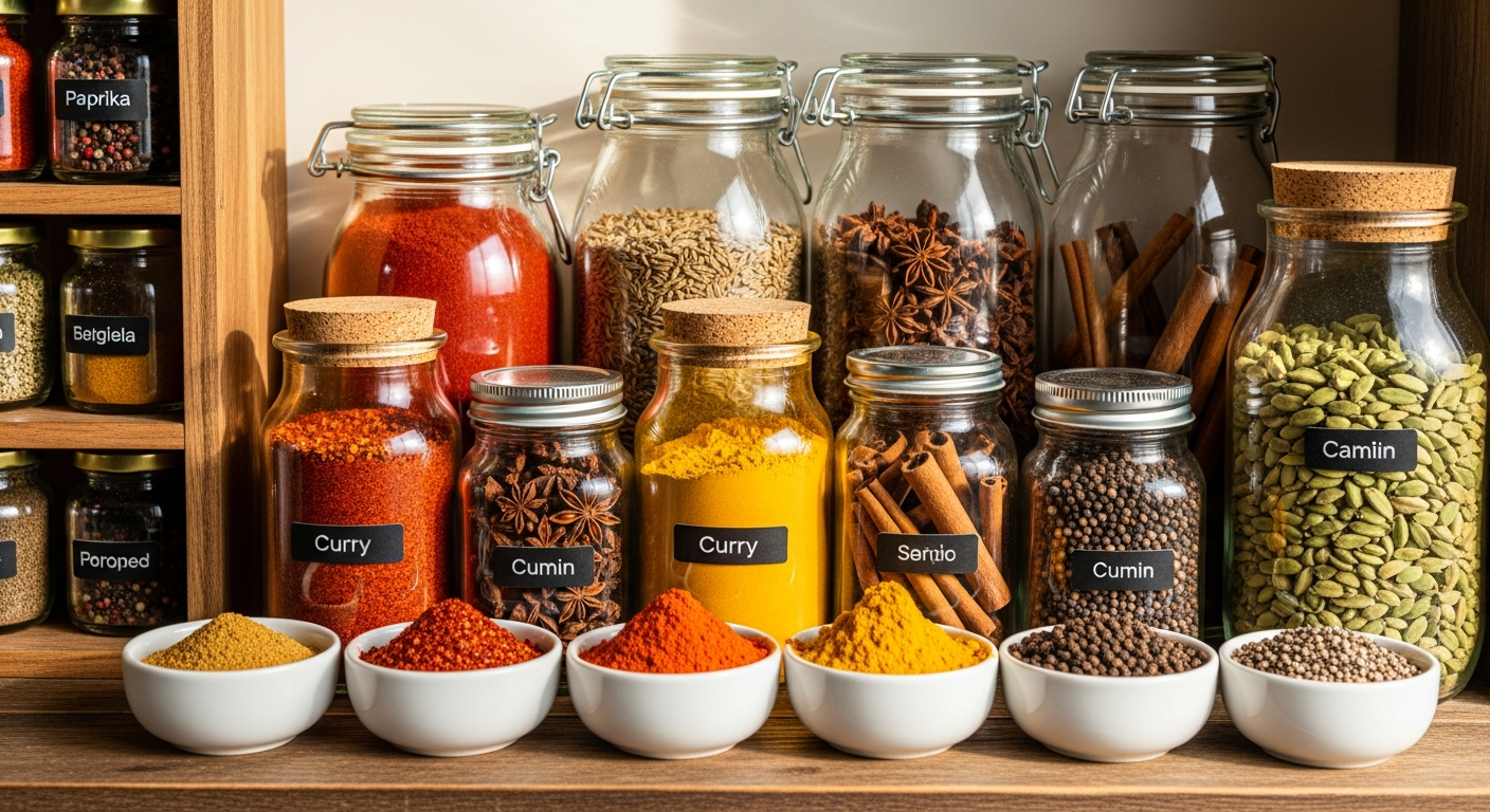 Organized collection of spice jars on shelf