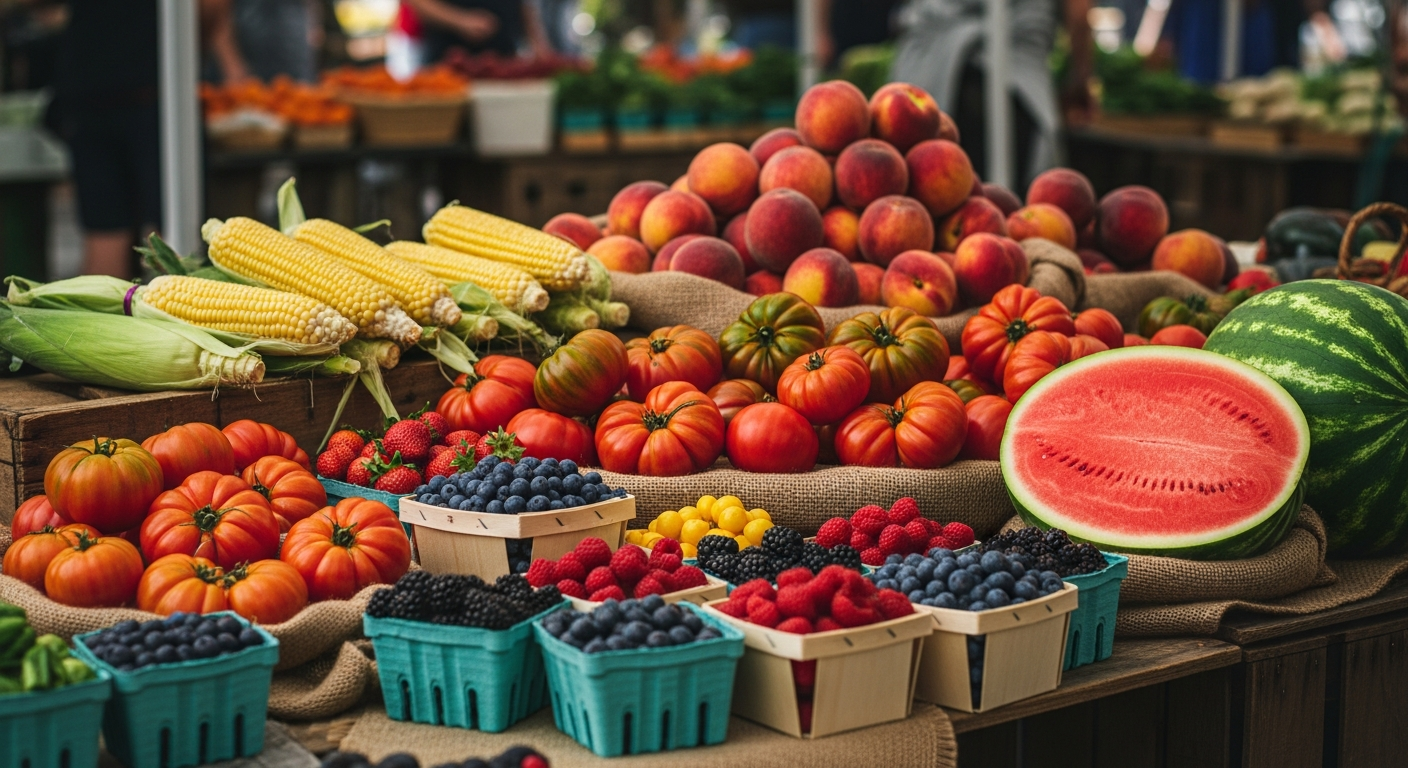 Fresh colorful summer produce and fruits